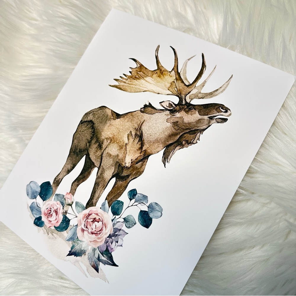 Watercolor Floral Moose Elk Deer Portrait Wall Art Illustration Print Unframed - Picture 14 of 17